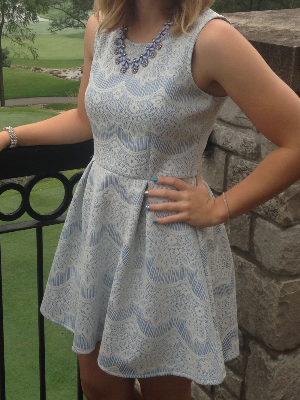 Women' Blue Dress with Ivory Lace Overlay - Elegant Fit & Flare
